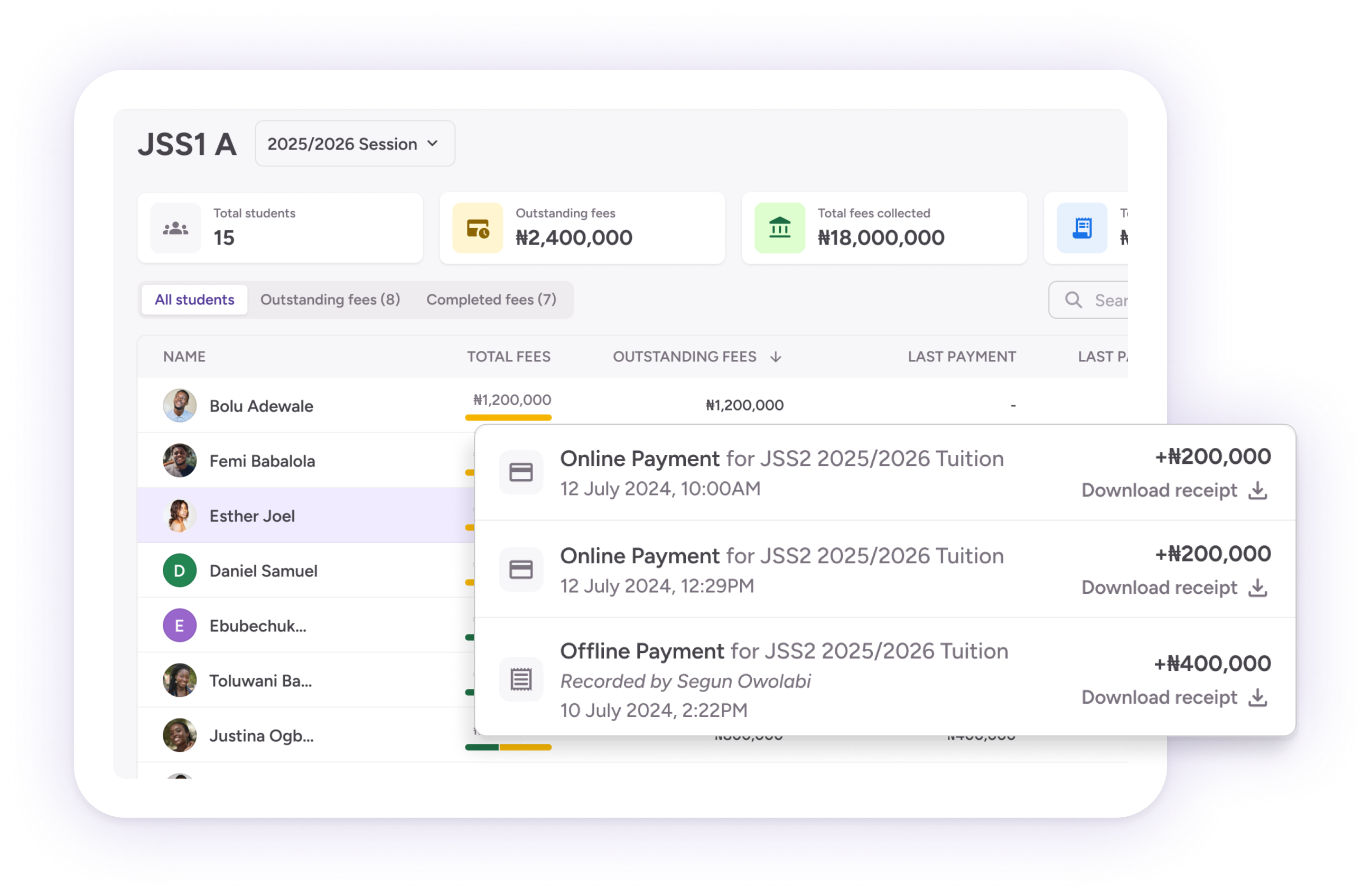 Class payment activity and student fee records