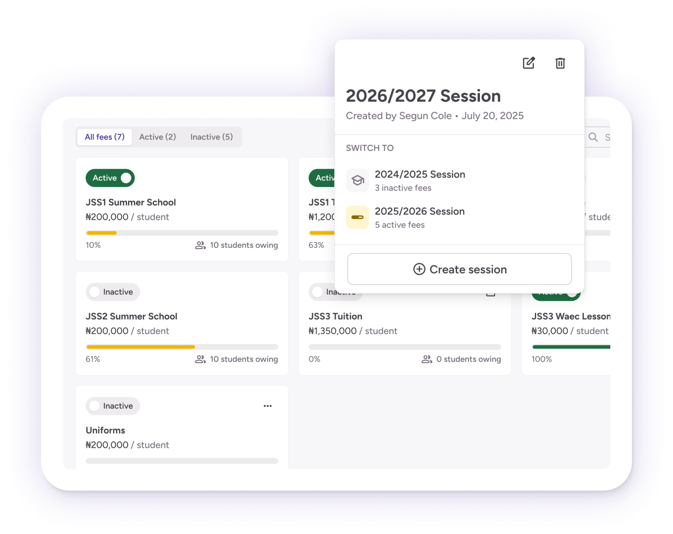 Fees dashboard with session switcher