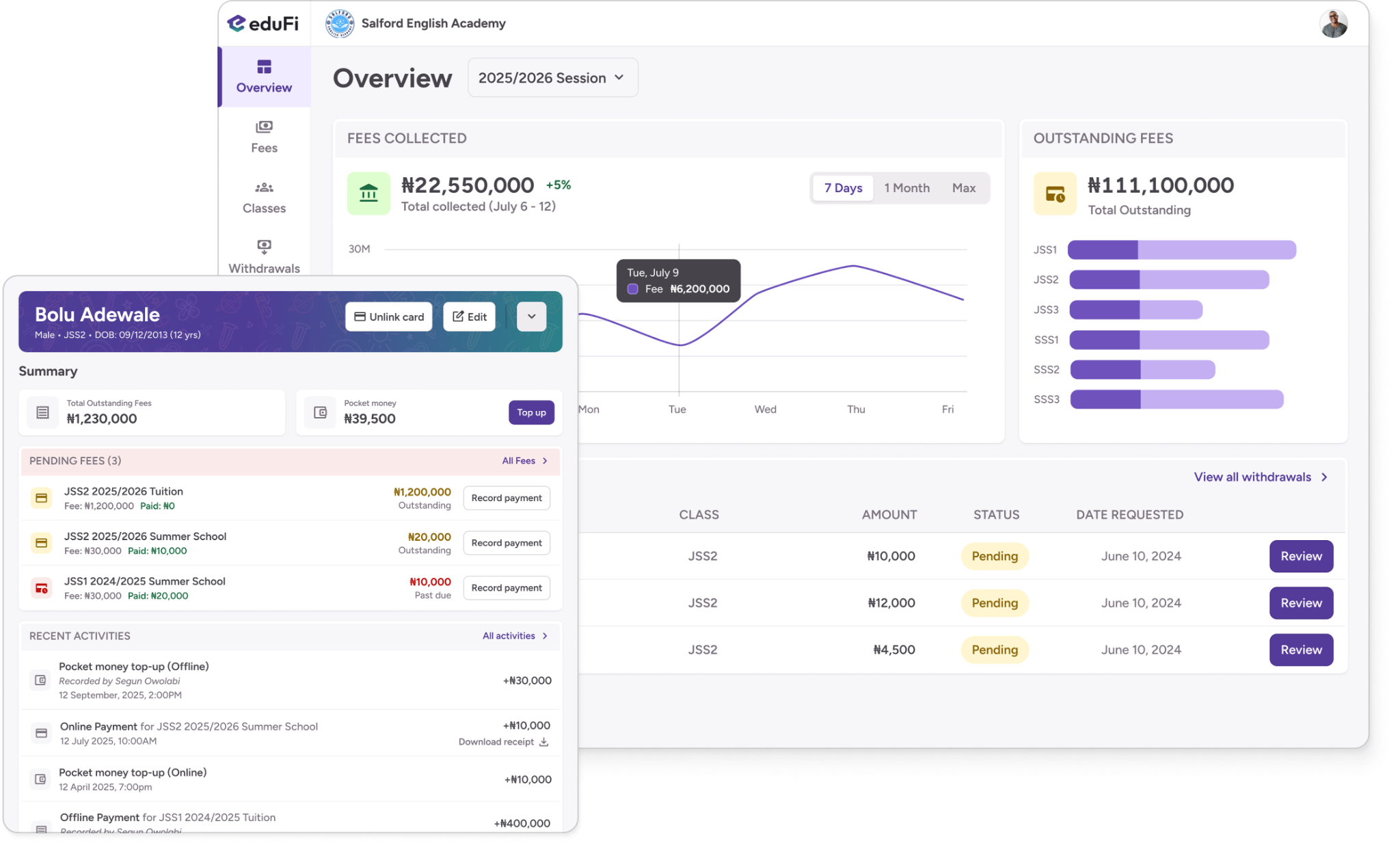 Edufi dashboard and student payment summary